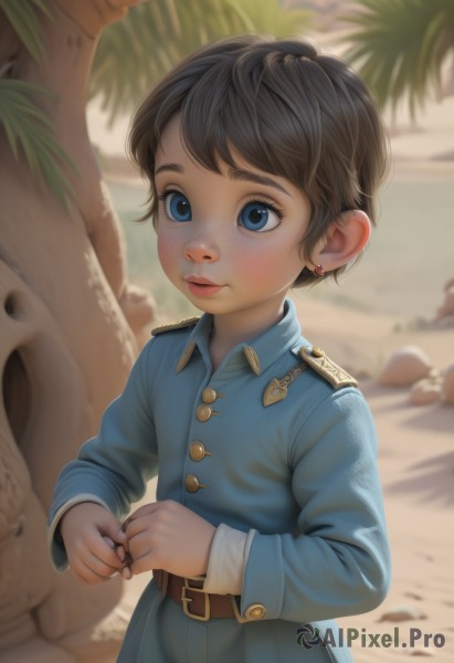 1girl,solo,short hair,bangs,blue eyes,brown hair,shirt,black hair,long sleeves,jewelry,closed mouth,standing,jacket,earrings,outdoors,day,belt,water,blurry,uniform,tree,lips,military,military uniform,buttons,depth of field,blurry background,beach,blue shirt,child,androgynous,freckles,epaulettes,rock,nose,sand,palm tree,female child,stud earrings,brown belt,looking at viewer,blush,upper body,eyelashes,buckle,military jacket