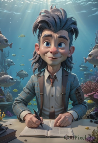 1girl,solo,looking at viewer,smile,blue eyes,shirt,black hair,long sleeves,1boy,holding,closed mouth,jacket,upper body,male focus,necktie,collared shirt,water,book,plaid,buttons,animal,sunlight,thick eyebrows,suspenders,child,desk,freckles,fish,light rays,paper,underwater,open book,pen,male child,sunbeam,pencil,holding pen,writing,quill,turtle,coral,aquarium,sitting,blue hair,ocean,watermark,table,blue jacket,red necktie,bubble,air bubble