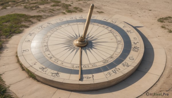 outdoors,day,no humans,shadow,grass,scenery,clock,still life,magic circle,pocket watch,path,roman numeral