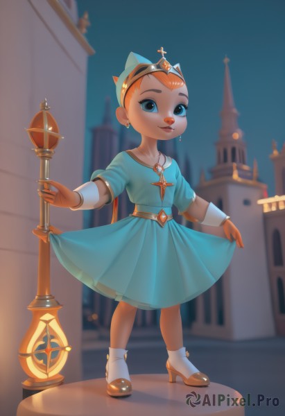 1girl,solo,looking at viewer,smile,short hair,blue eyes,dress,holding,jewelry,standing,full body,short sleeves,earrings,outdoors,shoes,socks,artist name,necklace,orange hair,blurry,high heels,lips,makeup,night,blurry background,blue dress,tiara,aged down,crown,staff,child,skirt hold,holding staff,female child,castle,aqua dress,white socks