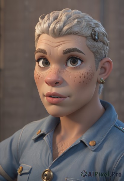 1girl,solo,looking at viewer,smile,short hair,blonde hair,shirt,hair ornament,brown eyes,jewelry,upper body,grey hair,earrings,parted lips,teeth,hairclip,blurry,lips,buttons,blurry background,scar,thick eyebrows,portrait,freckles,realistic,nose,very short hair,denim jacket,jacket,artist name,uniform,eyebrow cut