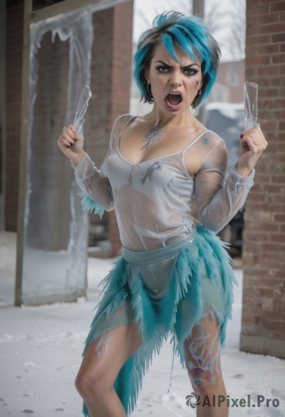 1girl,solo,breasts,looking at viewer,short hair,open mouth,skirt,shirt,black hair,holding,cleavage,jewelry,medium breasts,blue hair,standing,white shirt,multicolored hair,earrings,small breasts,outdoors,teeth,necklace,blurry,black eyes,two-tone hair,wet,see-through,torn clothes,makeup,blurry background,feathers,knife,wet clothes,angry,snow,realistic,brick wall,shouting,brown eyes,pussy,covered nipples,pubic hair,blood,lipstick,dirty,broken weapon