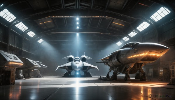 HQ,indoors,military,no humans,window,robot,mecha,machinery,reflection,science fiction,light rays,realistic,light,alien,spacecraft,ceiling,lights,signature,retro artstyle,battle,space,thrusters,variable fighter