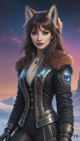 1girl,solo,long hair,looking at viewer,bangs,brown hair,gloves,long sleeves,animal ears,brown eyes,jewelry,jacket,cowboy shot,earrings,outdoors,sky,black gloves,pants,artist name,necklace,lips,coat,black jacket,grey eyes,fur trim,makeup,night,watermark,black pants,lipstick,gem,star (sky),night sky,snow,pendant,starry sky,mountain,nose,red lips,breasts,shirt,black hair,closed mouth,standing,open clothes,open jacket,fox ears,wolf ears,extra ears,sunset,black coat,realistic,leather