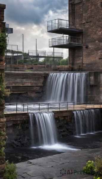 outdoors,sky,day,cloud,water,tree,blue sky,no humans,sunlight,cloudy sky,plant,building,scenery,stairs,city,railing,ruins,bridge,lamppost,waterfall,overgrown,fountain,signature,fence,road,river,real world location