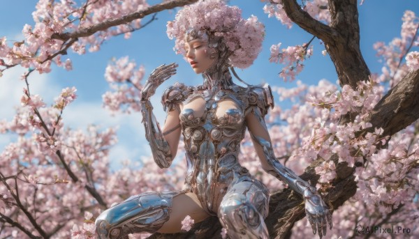 1girl, solo, breasts, medium breasts, sitting, pink hair, flower, outdoors, sky, day, signature, blurry, tree, lips, cherry blossoms, science fiction, realistic, android, branch, joints, cyborg, robot joints, in tree