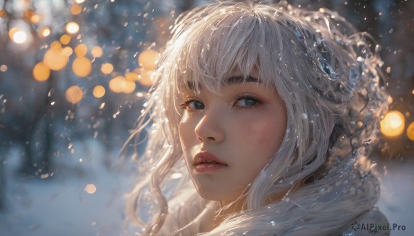 1girl,solo,long hair,looking at viewer,bangs,blue eyes,braid,white hair,outdoors,parted lips,artist name,signature,blurry,lips,eyelashes,depth of field,blurry background,portrait,snow,freckles,snowing,realistic,nose,red lips,winter,bokeh,hair ornament,closed mouth,grey hair,water,grey eyes,light particles,close-up