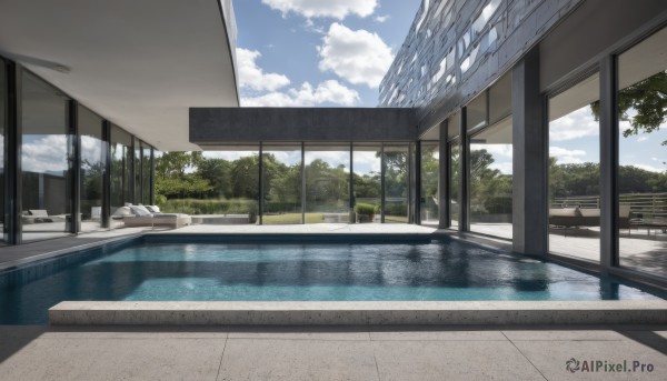 outdoors,sky,day,cloud,water,tree,blue sky,no humans,window,shadow,cloudy sky,building,scenery,reflection,fence,pool,bench,bush,reflective water,indoors