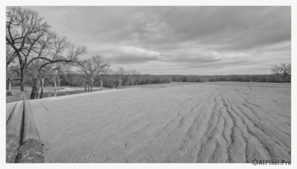 monochrome,comic,greyscale,outdoors,sky,cloud,tree,no humans,cloudy sky,scenery,road,bare tree,grass,nature,forest,fence,field,landscape