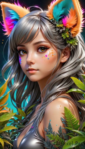 1girl,solo,long hair,breasts,looking at viewer,bangs,hair ornament,animal ears,cleavage,bare shoulders,brown eyes,medium breasts,closed mouth,yellow eyes,upper body,flower,grey hair,shiny,artist name,cat ears,hair flower,from side,lips,eyelashes,makeup,swept bangs,leaf,facial mark,tank top,plant,eyeshadow,freckles,pink lips,nose,facepaint,mascara,sleeveless,necklace,animal ear fluff,shiny skin,looking to the side,fox ears,extra ears,eyeliner