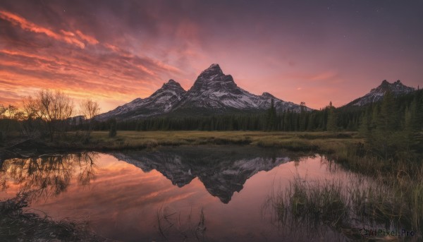 outdoors,sky,cloud,water,tree,no humans,cloudy sky,grass,star (sky),nature,scenery,forest,starry sky,reflection,sunset,mountain,river,landscape,lake,red sky,night,reflective water