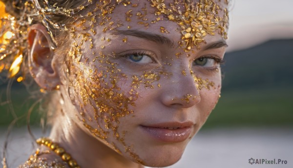 1girl,solo,looking at viewer,blonde hair,brown hair,hair ornament,jewelry,green eyes,parted lips,necklace,blurry,lips,depth of field,blurry background,gem,portrait,close-up,freckles,realistic,nose,gold,smile,blue eyes,black hair,1boy,closed mouth,male focus,earrings,outdoors,grey eyes,eyelashes,facial hair,thick eyebrows,head chain,mole on cheek