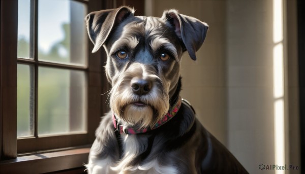 HQ,solo,looking at viewer,brown eyes,day,indoors,blurry,collar,no humans,window,blurry background,animal,dog,realistic,animal focus,red collar,animal collar,closed mouth