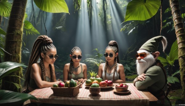 long hair,breasts,smile,multiple girls,brown hair,black hair,1boy,hat,2girls,cleavage,bare shoulders,jewelry,sitting,ponytail,braid,white hair,earrings,outdoors,food,multiple boys,sleeveless,day,pointy ears,dark skin,3girls,necklace,twin braids,tree,single braid,fruit,facial hair,leaf,crossed arms,table,sunlight,sunglasses,tank top,nature,hair over shoulder,beard,forest,round eyewear,mustache,apple,basket,old,old man,artist name,siblings,plant,sisters,bowl,family