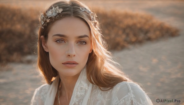 1girl,solo,long hair,looking at viewer,brown hair,hair ornament,dress,brown eyes,jewelry,upper body,flower,outdoors,parted lips,teeth,white dress,blurry,lips,depth of field,blurry background,portrait,freckles,realistic,nose,eyelashes,sunlight,backlighting