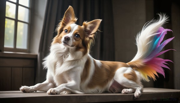 HQ,solo,blue eyes,closed mouth,full body,lying,day,indoors,no humans,window,animal,sunlight,on stomach,curtains,dog,realistic,animal focus,white fur,looking at viewer,signature,feathers,web address