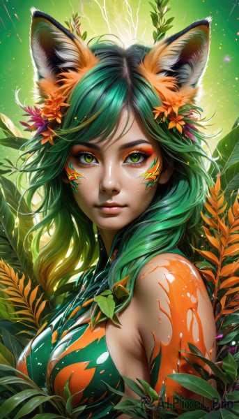 1girl,solo,long hair,breasts,looking at viewer,smile,bangs,hair ornament,animal ears,bare shoulders,medium breasts,closed mouth,green eyes,upper body,flower,multicolored hair,green hair,shiny,artist name,cat ears,hair flower,from side,lips,animal ear fluff,gradient,fox ears,eyelashes,sideboob,gradient hair,makeup,leaf,watermark,facial mark,plant,lipstick,eyeshadow,green background,nose,eyeliner,facepaint,mascara,signature,slit pupils,bodypaint