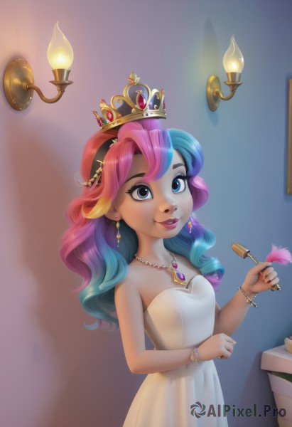 1girl,solo,long hair,breasts,smile,blue eyes,dress,holding,bare shoulders,jewelry,blue hair,pink hair,purple hair,multicolored hair,earrings,small breasts,parted lips,artist name,necklace,nail polish,white dress,bracelet,two-tone hair,lips,eyelashes,strapless,gradient hair,makeup,tiara,feathers,crown,lipstick,gem,strapless dress,pendant,eyeshadow,personification,curly hair,candle,paintbrush,mascara,humanization,princess,quill,rainbow hair,teeth,book,aqua hair,wavy hair