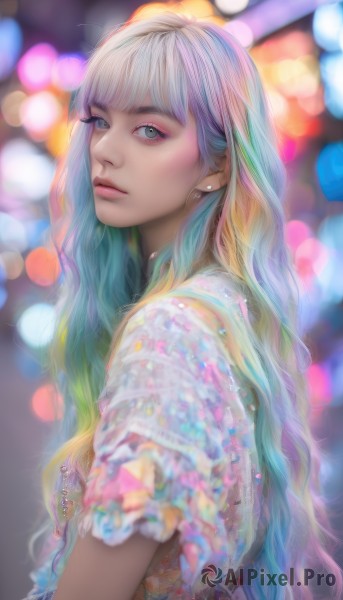 1girl,solo,long hair,looking at viewer,bangs,blonde hair,shirt,dress,jewelry,closed mouth,green eyes,blue hair,upper body,short sleeves,multicolored hair,earrings,frills,artist name,blunt bangs,blurry,from side,two-tone hair,lips,eyelashes,aqua hair,gradient hair,makeup,depth of field,blurry background,watermark,wavy hair,piercing,frilled sleeves,web address,realistic,nose,bokeh,rainbow hair,blue eyes,very long hair,white hair,green hair,signature,looking to the side,grey eyes,eyeshadow,colorful,mascara