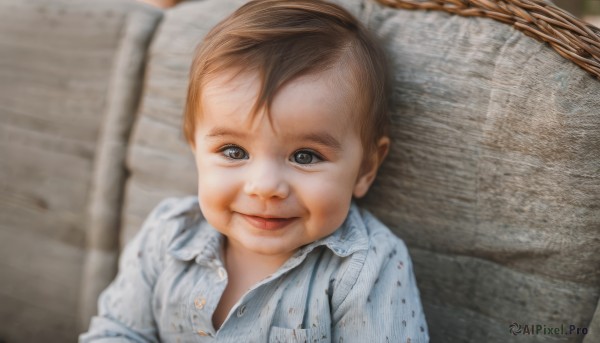 1girl,solo,looking at viewer,smile,short hair,brown hair,shirt,brown eyes,closed mouth,white shirt,upper body,tongue,collared shirt,indoors,tongue out,blurry,black eyes,child,couch,:p,realistic,old,old woman,open mouth,1boy,male focus,bed,pajamas,male child,real life insert