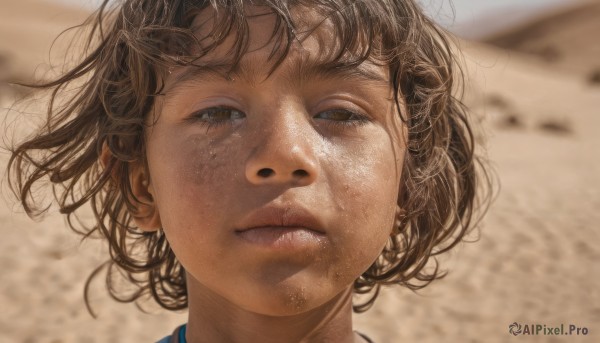 1girl,solo,looking at viewer,short hair,bangs,brown hair,brown eyes,closed mouth,outdoors,parted lips,day,blurry,lips,depth of field,blurry background,wind,messy hair,portrait,realistic,nose,sand,dirty,teeth,close-up,dirty face