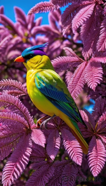 solo,full body,outdoors,sky,day,blurry,tree,pokemon (creature),no humans,depth of field,blurry background,bird,animal,leaf,plant,flying,realistic,palm tree,animal focus,beak,parrot,flower,blue sky,watermark,feathers,web address