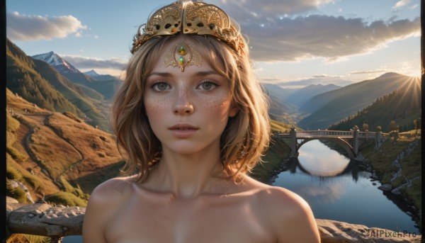 1girl,solo,looking at viewer,short hair,blonde hair,brown hair,bare shoulders,jewelry,green eyes,collarbone,upper body,nude,outdoors,parted lips,sky,day,artist name,cloud,water,tree,blue sky,lips,sunlight,crown,portrait,scenery,freckles,reflection,circlet,mountain,realistic,nose,sun,watercraft,river,boat,landscape,mountainous horizon,lake,teeth,cloudy sky,tiara,bridge