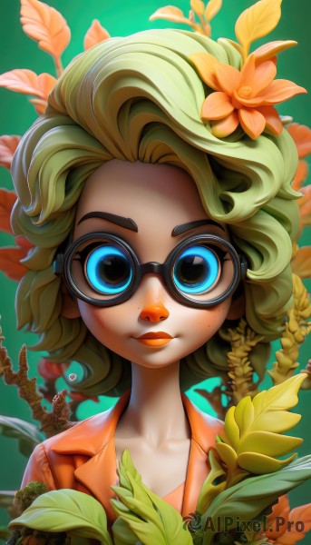 1girl,solo,looking at viewer,smile,short hair,blue eyes,blonde hair,simple background,shirt,hair ornament,closed mouth,collarbone,upper body,flower,green hair,glasses,artist name,hair flower,lips,gradient,gradient background,eyelashes,makeup,leaf,plant,lipstick,goggles,portrait,freckles,green background,orange shirt,jacket,dirty