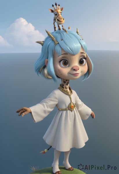 1girl,solo,smile,short hair,long sleeves,dress,brown eyes,jewelry,closed mouth,blue hair,standing,tail,full body,outdoors,horns,sky,barefoot,day,cloud,necklace,white dress,blue sky,ocean,animal,grass,child,freckles,robe,horizon,on head,female child,toeless legwear,animal on head,hooves