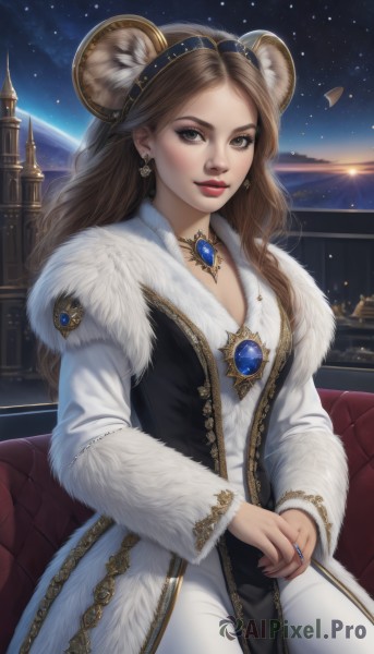 1girl,solo,long hair,breasts,looking at viewer,smile,brown hair,long sleeves,dress,animal ears,cleavage,brown eyes,jewelry,medium breasts,sitting,hairband,earrings,sky,pants,necklace,white dress,lips,coat,fur trim,makeup,night,ring,own hands together,gem,star (sky),pendant,starry sky,white pants,mouse ears,red lips,space,lion ears,planet,bear ears,parted lips,fake animal ears,lipstick,realistic,castle