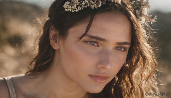 1girl,solo,long hair,looking at viewer,blonde hair,brown hair,hair ornament,jewelry,closed mouth,flower,earrings,outdoors,hair flower,blurry,lips,grey eyes,eyelashes,depth of field,blurry background,wavy hair,portrait,freckles,curly hair,realistic,nose,head wreath,brown eyes,close-up