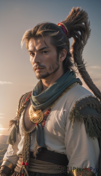 solo,long hair,looking at viewer,brown hair,shirt,black hair,hair ornament,long sleeves,1boy,brown eyes,jewelry,closed mouth,standing,white shirt,upper body,ponytail,weapon,male focus,outdoors,parted lips,sky,sword,scarf,black eyes,lips,hand on hip,sash,facial hair,sunlight,feathers,high ponytail,beard,backlighting,sunset,realistic,mustache,bracer,braid,necklace,scar,sunrise