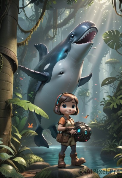 1girl,solo,looking at viewer,smile,short hair,open mouth,bangs,blue eyes,brown hair,shirt,holding,standing,short sleeves,pantyhose,hairband,boots,outdoors,shorts,teeth,signature,water,bag,tree,glowing,animal,leaf,brown footwear,sunlight,bug,plant,child,nature,forest,fish,pouch,light rays,fantasy,camera,female child,sunbeam,holding camera,shark,whale,horns,robot,sharp teeth,wristband,single horn,headset,ankle boots,dinosaur