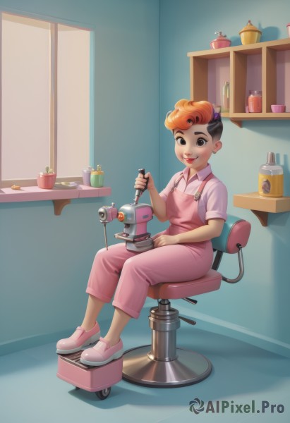 1girl,solo,smile,short hair,open mouth,shirt,black hair,hair ornament,holding,jewelry,sitting,full body,short sleeves,multicolored hair,earrings,shoes,teeth,collared shirt,indoors,orange hair,black eyes,two-tone hair,lips,chair,thick eyebrows,lipstick,pink footwear,overalls,very short hair,undercut,stool,shelf,jar,pompadour,looking at viewer,brown hair,brown eyes,mole,cup,table,aged down,robot,freckles,pink shirt