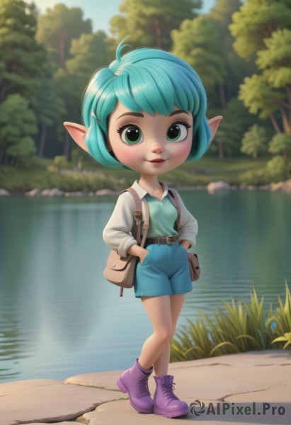 1girl,solo,breasts,looking at viewer,smile,short hair,bangs,shirt,hair ornament,long sleeves,green eyes,blue hair,standing,full body,white shirt,small breasts,boots,outdoors,parted lips,shorts,day,pointy ears,hairclip,belt,artist name,water,bag,blurry,tree,lips,aqua hair,depth of field,blurry background,grass,child,nature,walking,blue shorts,hands in pockets,female child,ankle boots,brown belt,purple footwear,river,brown bag,green hair,watermark,web address,buckle,hands on hips,overalls