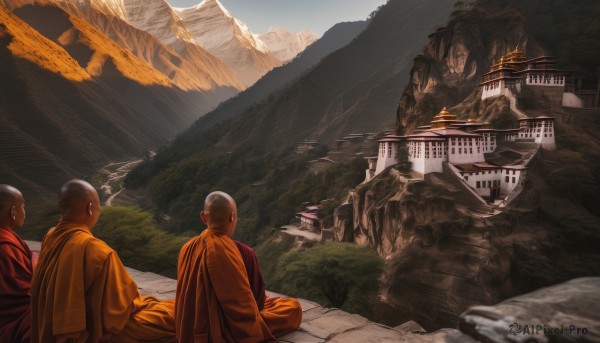 sitting,male focus,outdoors,multiple boys,sky,day,2boys,from behind,cape,tree,3boys,building,scenery,4boys,robe,mountain,bald,architecture,multiple others,east asian architecture,river,castle,landscape