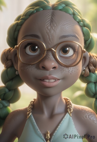 1girl,solo,long hair,looking at viewer,smile,bare shoulders,twintails,brown eyes,jewelry,collarbone,upper body,braid,multicolored hair,earrings,parted lips,green hair,glasses,teeth,artist name,dark skin,necklace,grin,blurry,twin braids,dark-skinned female,lips,eyelashes,tattoo,depth of field,blurry background,portrait,forehead,backlighting,freckles,realistic,nose,round eyewear,yellow-framed eyewear,brown-framed eyewear,brown hair,dress,watermark,web address,dreadlocks