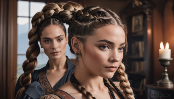 1girl,solo,long hair,looking at viewer,bangs,brown hair,brown eyes,jewelry,closed mouth,collarbone,upper body,braid,multicolored hair,earrings,indoors,necklace,blurry,twin braids,lips,window,depth of field,blurry background,siblings,portrait,dual persona,freckles,reflection,mirror,realistic,bookshelf,candle,multiple braids,multiple girls,2girls,dark skin,mole,dark-skinned female,sisters,forehead,nose,mother and daughter,candlestand