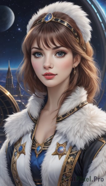 1girl,solo,long hair,breasts,looking at viewer,smile,bangs,blue eyes,brown hair,cleavage,jewelry,medium breasts,collarbone,upper body,hairband,earrings,parted lips,sky,lips,coat,fur trim,eyelashes,makeup,night,moon,gem,star (sky),night sky,full moon,starry sky,freckles,realistic,nose,red lips,space,planet,blush,tiara,lipstick,castle,earth (planet)