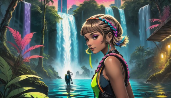 1girl,breasts,looking at viewer,short hair,bangs,blonde hair,brown hair,hair ornament,1boy,bare shoulders,brown eyes,jewelry,medium breasts,standing,upper body,braid,multicolored hair,hairband,earrings,small breasts,outdoors,parted lips,sleeveless,solo focus,looking back,artist name,dark skin,blunt bangs,water,from side,two-tone hair,dark-skinned female,tree,lips,eyelashes,makeup,plant,lipstick,scenery,wading,eyeshadow,nose,palm tree,waterfall,shirt,shiny,bag,from behind,shiny hair,headband,leaf,mouth hold,backpack,green shirt,silhouette,crown braid