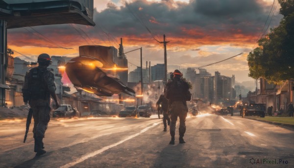 1boy,holding,weapon,male focus,boots,outdoors,multiple boys,sky,cloud,2boys,bag,from behind,uniform,tree,gun,military,backpack,helmet,cloudy sky,ground vehicle,building,holding gun,scenery,motor vehicle,rifle,smoke,walking,science fiction,sunset,city,aircraft,car,road,assault rifle,cityscape,police,power lines,street,twilight,utility pole,soldier,dusk,traffic light,helicopter,holding weapon,military uniform,umbrella,military vehicle,lamppost,evening