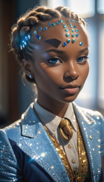 1girl,solo,looking at viewer,smile,short hair,blue eyes,shirt,black hair,hair ornament,jewelry,closed mouth,jacket,white shirt,upper body,braid,earrings,necktie,collared shirt,dark skin,necklace,blurry,vest,dark-skinned female,lips,eyelashes,makeup,buttons,blurry background,facial mark,formal,thick eyebrows,suit,blue jacket,brooch,gem,portrait,freckles,curly hair,realistic,nose,very dark skin,dreadlocks,dress,artist name,depth of field,lipstick,light particles,backlighting,gold trim