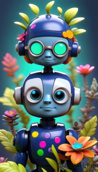 solo,looking at viewer,smile,blue eyes,closed mouth,green eyes,upper body,flower,male focus,blurry,no humans,blurry background,leaf,blue background,helmet,plant,robot,mecha,android,straight-on,orange flower,humanoid robot,non-humanoid robot,1boy,goggles,joints