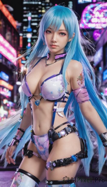 1girl,solo,long hair,breasts,looking at viewer,bangs,blue eyes,large breasts,thighhighs,navel,cleavage,bare shoulders,jewelry,medium breasts,very long hair,blue hair,standing,swimsuit,bikini,cowboy shot,earrings,belt,necklace,nail polish,blurry,bracelet,lips,grey eyes,tattoo,thigh strap,night,blurry background,piercing,realistic,collar,watermark,science fiction,city,navel piercing,cyberpunk,neon lights