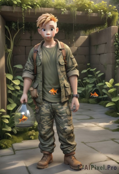 solo,looking at viewer,short hair,open mouth,blonde hair,brown hair,shirt,1boy,holding,brown eyes,standing,jacket,full body,weapon,male focus,boots,outdoors,parted lips,pants,water,bag,uniform,military,military uniform,shadow,leaf,brown footwear,sunlight,backpack,plant,child,sleeves rolled up,fish,walking,watch,green jacket,green shirt,wristwatch,male child,camouflage,goldfish,camouflage jacket,ivy,blue eyes,open clothes,shoes,day,open jacket,animal,grey jacket,holding bag,camouflage pants