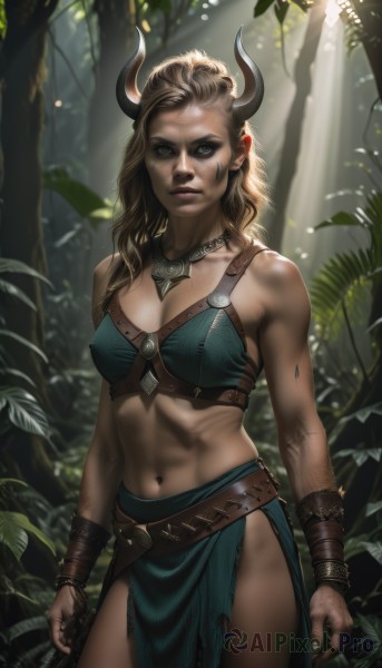 1girl,solo,long hair,breasts,looking at viewer,blue eyes,blonde hair,brown hair,navel,cleavage,bare shoulders,jewelry,medium breasts,standing,cowboy shot,outdoors,parted lips,horns,teeth,day,midriff,belt,artist name,necklace,bracelet,covered nipples,tree,lips,muscular,leaf,facial mark,abs,sunlight,plant,nature,pelvic curtain,forest,freckles,toned,realistic,nose,arms at sides,facepaint,dappled sunlight,dirty,loincloth,bodypaint,skirt,brown eyes,green eyes,blurry,web address,fake horns,bracer