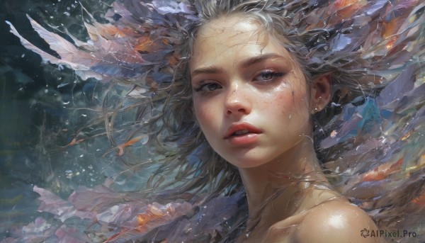 1girl,solo,long hair,looking at viewer,blonde hair,bare shoulders,jewelry,collarbone,earrings,parted lips,teeth,water,mole,lips,wet,grey eyes,floating hair,portrait,freckles,fish,underwater,realistic,nose,goldfish,short hair,shiny,black eyes,shiny skin,eyelashes