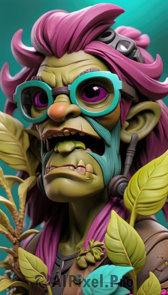 solo,long hair,looking at viewer,smile,open mouth,1boy,purple eyes,upper body,pink hair,purple hair,male focus,teeth,tongue,pointy ears,tongue out,colored skin,leaf,plant,goggles,portrait,green background,goggles on head,green skin,simple background,glasses,artist name,gradient,gradient background,facial hair,beard,mustache