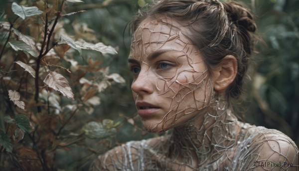 1girl,solo,short hair,blue eyes,brown hair,closed mouth,outdoors,blurry,lips,depth of field,blurry background,leaf,plant,portrait,nature,realistic,nose,silk,spider web,black hair,upper body,flower,eyelashes,looking away,branch