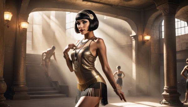 1girl,breasts,short hair,bangs,multiple girls,skirt,black hair,dress,bare shoulders,jewelry,hairband,parted lips,multiple boys,sleeveless,solo focus,indoors,dark skin,blunt bangs,necklace,black eyes,bracelet,dark-skinned female,lips,makeup,headband,sunlight,bob cut,lipstick,walking,running,stairs,bangle,fringe trim,pillar,statue,solo,realistic,column